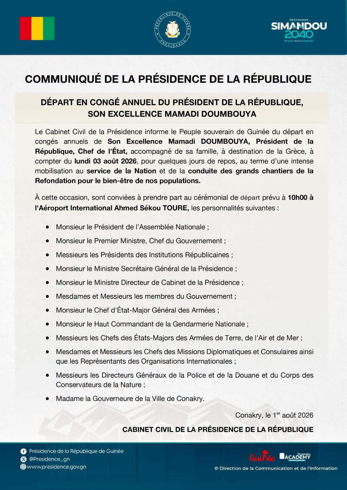 Communiqué du Cabinet Civil de la Présidence de la République de Guinée annonçant le départ en congé annuel du Président Mamadi Doumbouya
