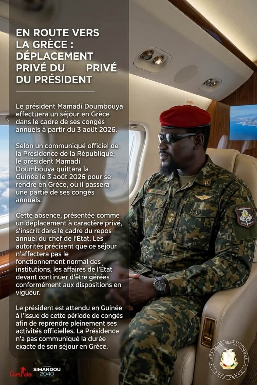 Infographie : en route vers la Grèce, déplacement privé du Président Mamadi Doumbouya à partir du 3 août 2026
